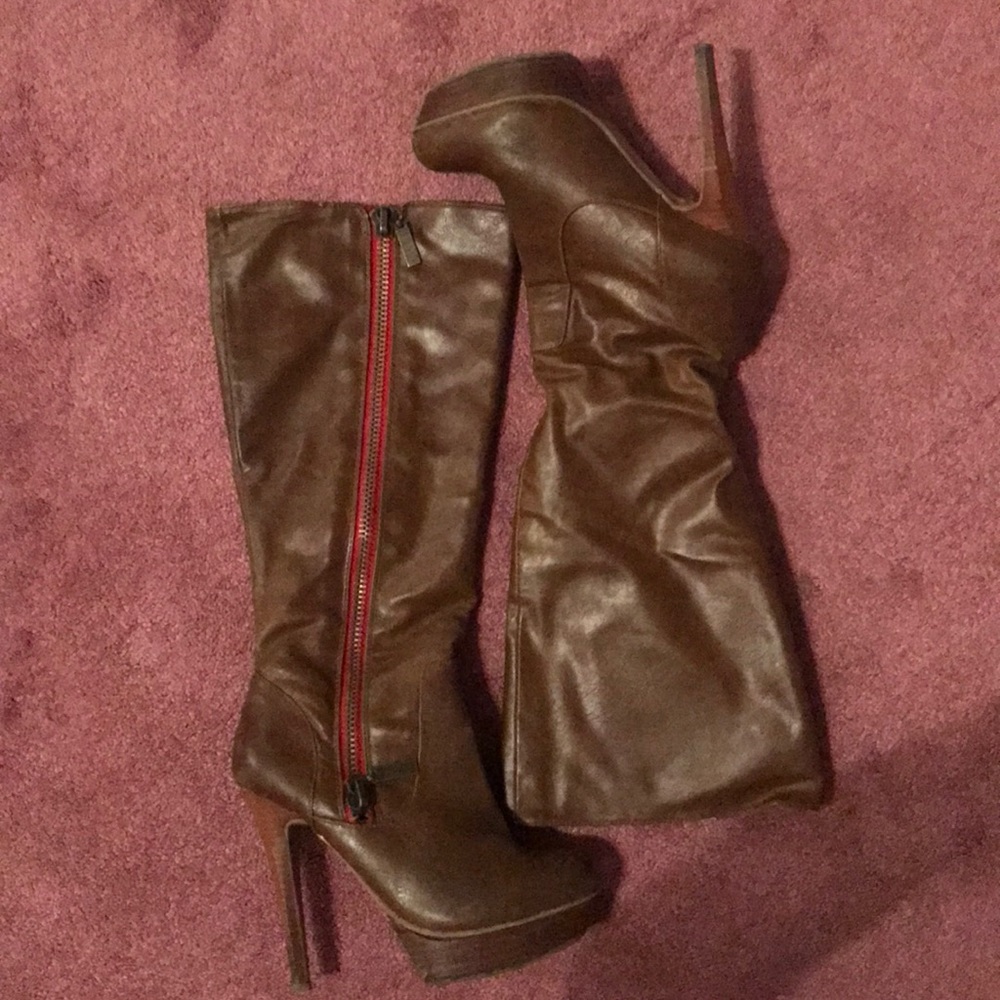 Leather high heel boots, knee length